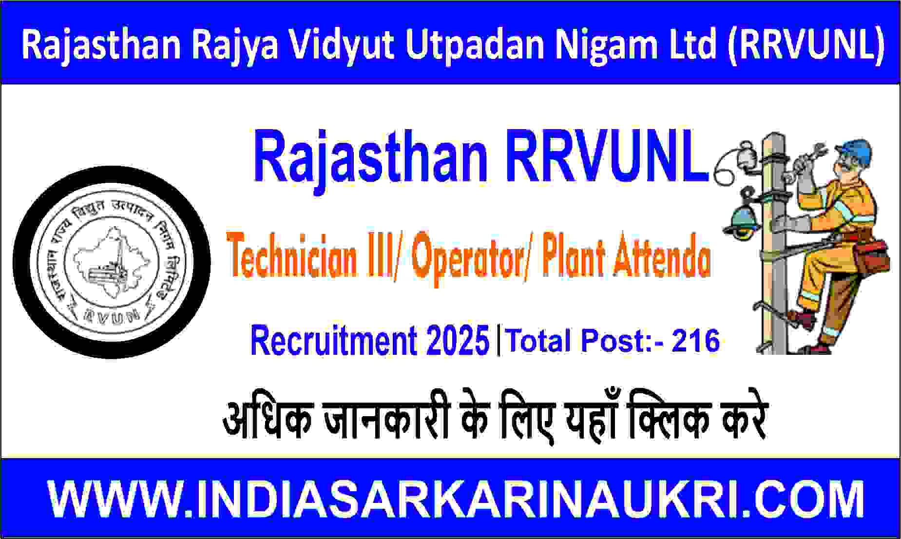 Rajasthan RVUNL Technician-III , Operator-III/Plant Attendant-III with ITI Recruitment 2025 Apply for 216 Posts
